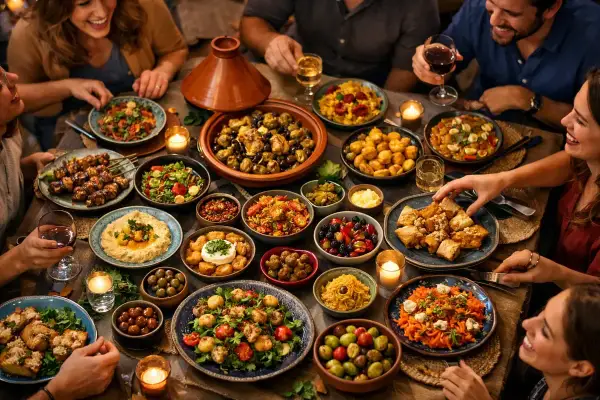 Un groupe d'amis partage un déjeuner convivial autour d'une table remplie de plats variés et colorés.