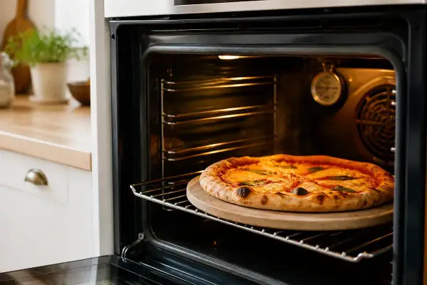 Une pizza dorée, prête pour la cuisson au four, sur une pierre à pizza. L'intérieur du four est éclairé, révélant les grilles et un thermomètre.
