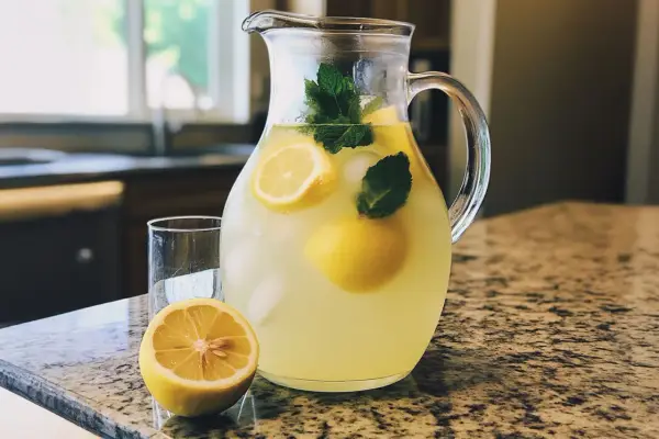 Un pichet de citronnade maison rafraîchissante, garni de citrons et de menthe, prêt à être servi avec un verre et un demi-citron sur un comptoir.