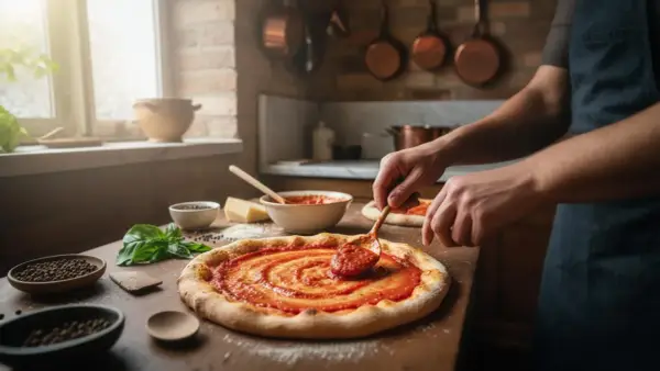 Une main étalant de la sauce tomate sur une pâte à pizza, des ingrédients frais à proximité, pour faire une pizza maison.
