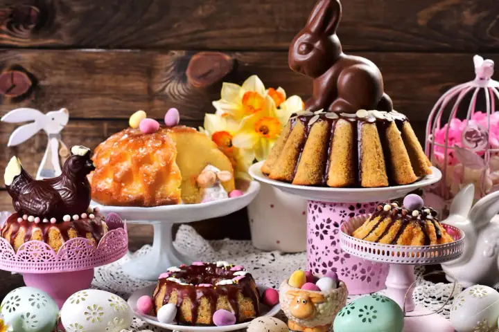 Un festin de Pâques : gâteaux, poule et lapin en chocolat, œufs décorés. Un vrai dessert de Pâques traditionnel pour célébrer.