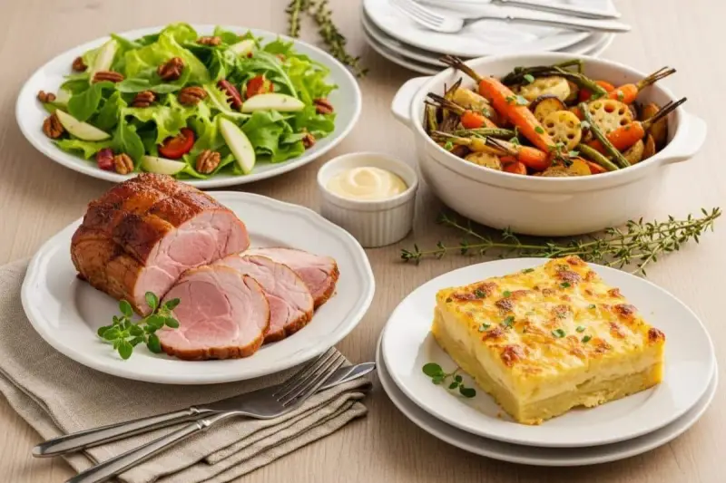 Un rôti de porc tranché, servi avec une salade verte, des légumes rôtis et un gratin dauphinois. Parfait accompagnement froid pour viande.