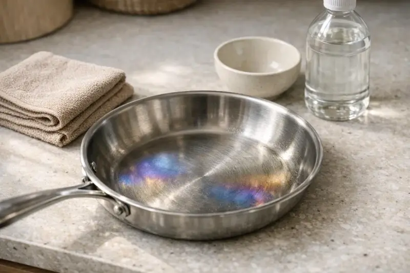 Casserole inox avec des taches bleues iridescentes sur le fond, à côté d'une serviette pliée et d'une bouteille de liquide.